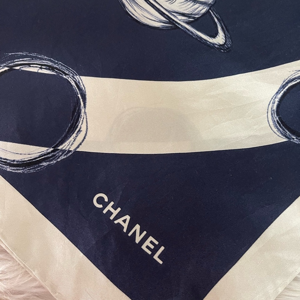 CHANEL CC Planet Navy Blue And Cream Silk Scarf. - Picture 5 of 9